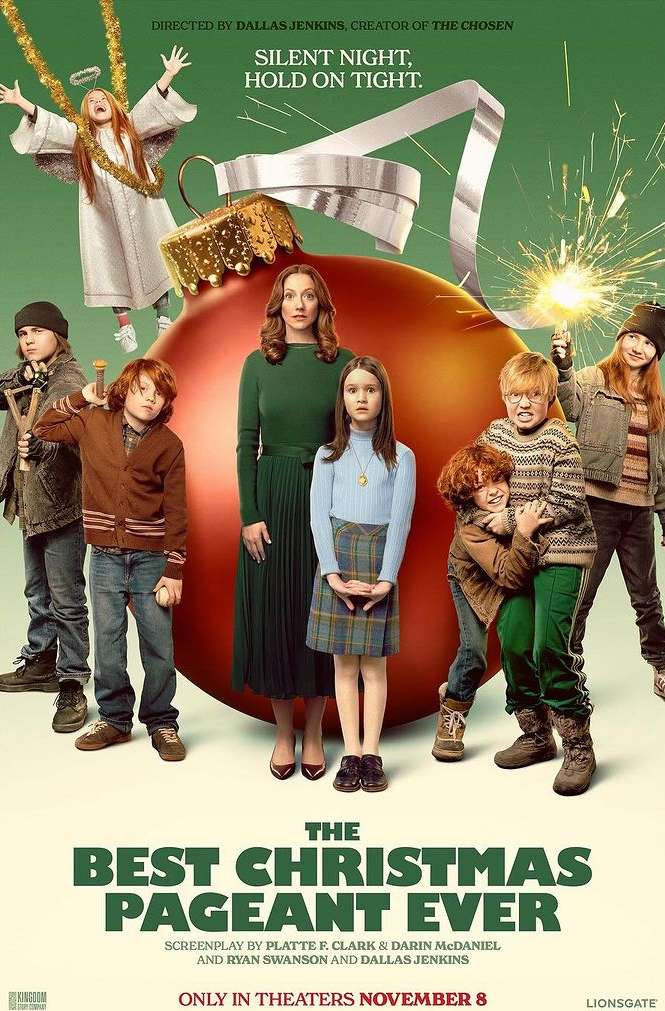Movie poster for 'The Best Christmas Pageant Ever' featuring a group of children and an adult woman, set against a Christmas ornament background.