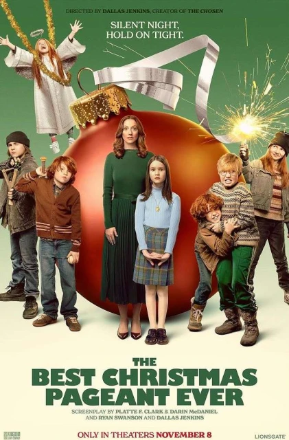 Movie poster for 'The Best Christmas Pageant Ever' featuring a group of children and an adult woman, set against a Christmas ornament background.