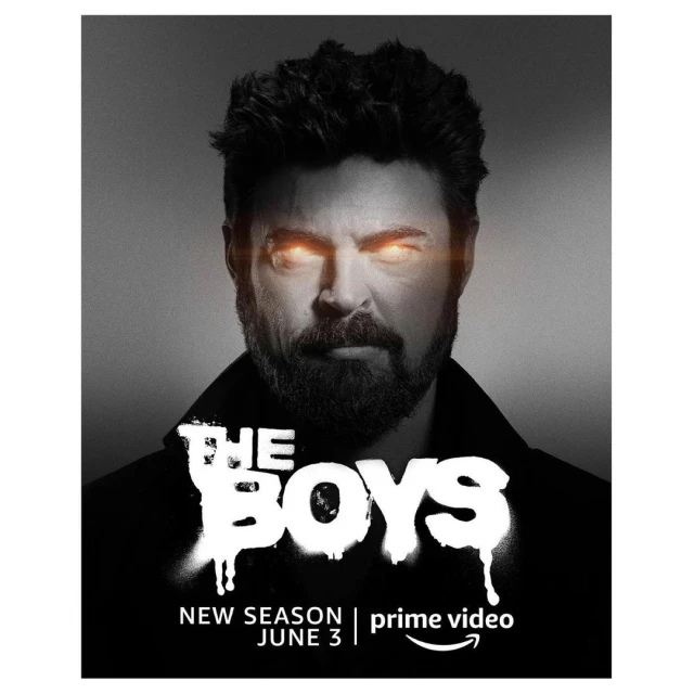 Promotional image for the TV show The Boys, featuring a headshot of a man with glowing eyes against a gray and black background.