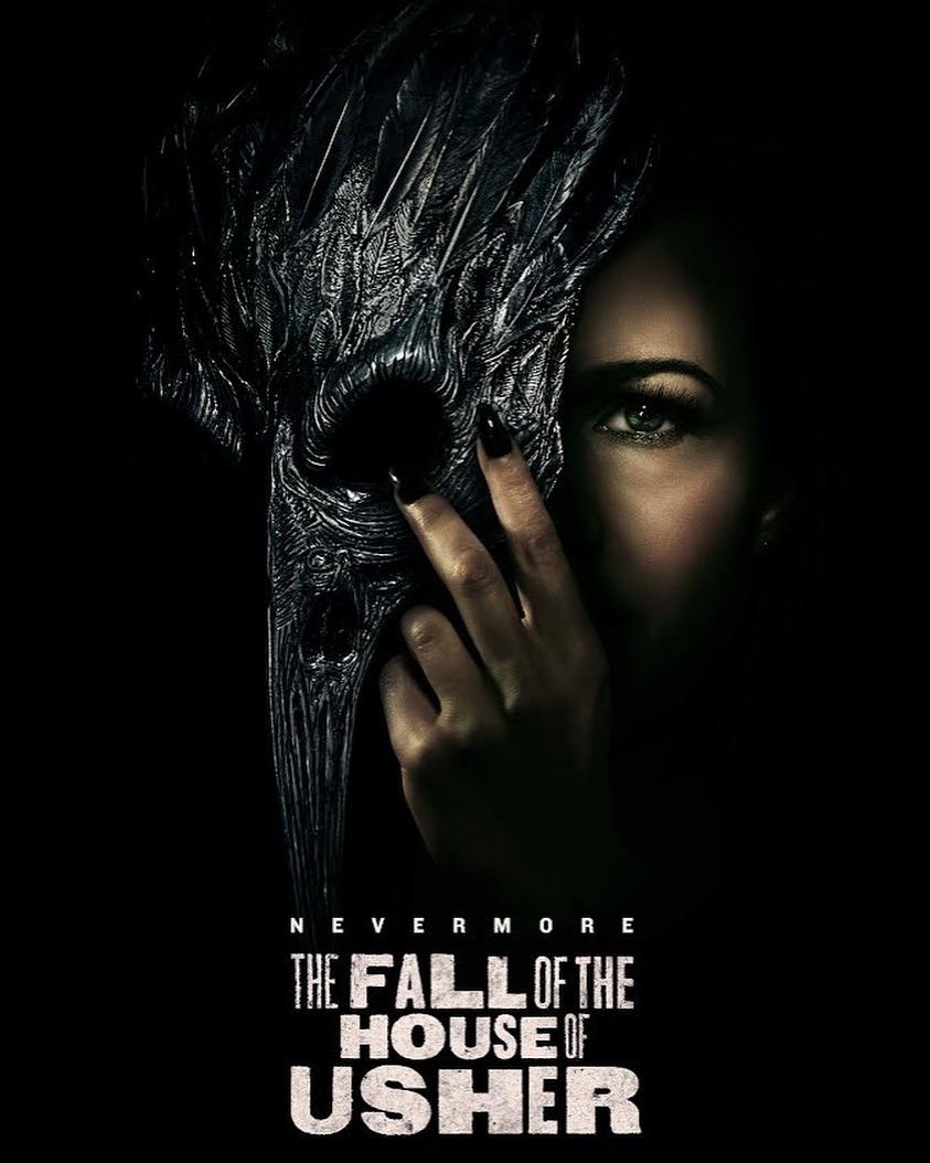 Movie poster featuring a woman partially obscured by a feathered mask, promoting 'The Fall of the House of Usher' series.