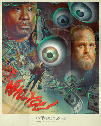Surreal poster art for The Twilight Zone with floating eyeballs, two men's portraits, and money falling on a man running.