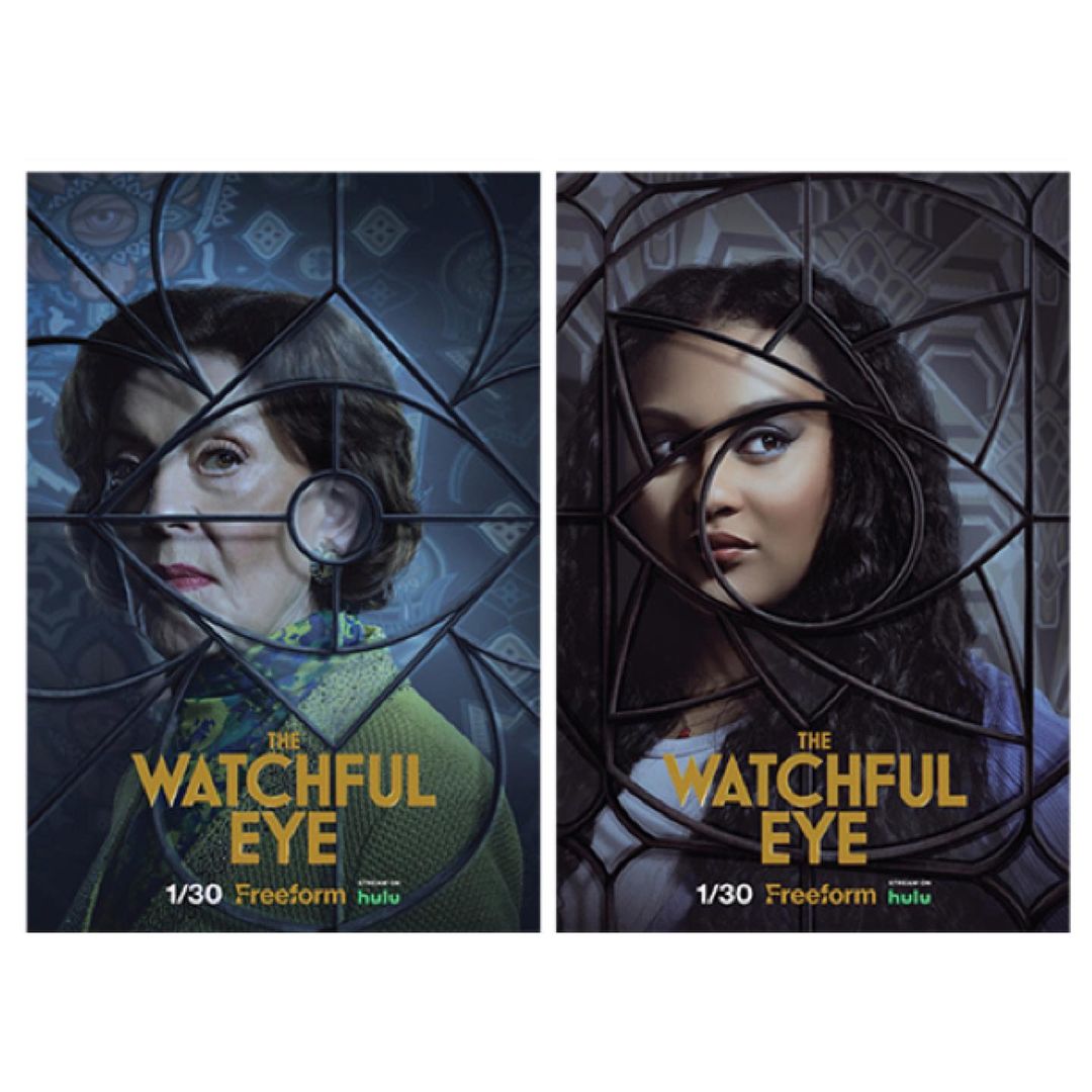 The Watchful Eye television series promotional poster showcasing two women in front of a decorative eye-shaped window pane.