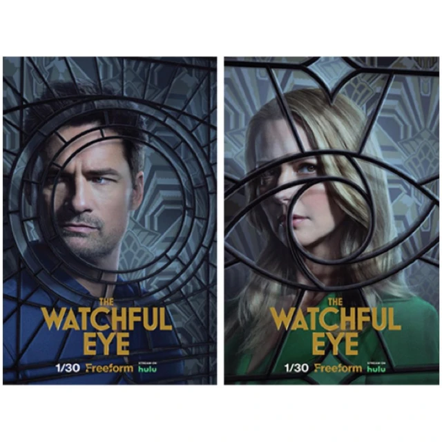Movie poster for The Watchful Eye series featuring two characters: a man and woman framed behind decorative window grilles.