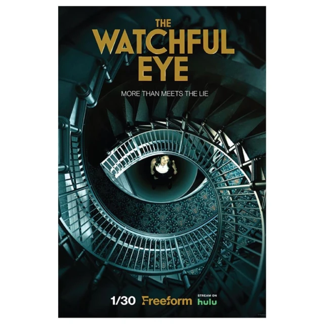 Promotional poster for The Watchful Eye TV series featuring a person at the base of a spiral staircase, teal and gold color palette.