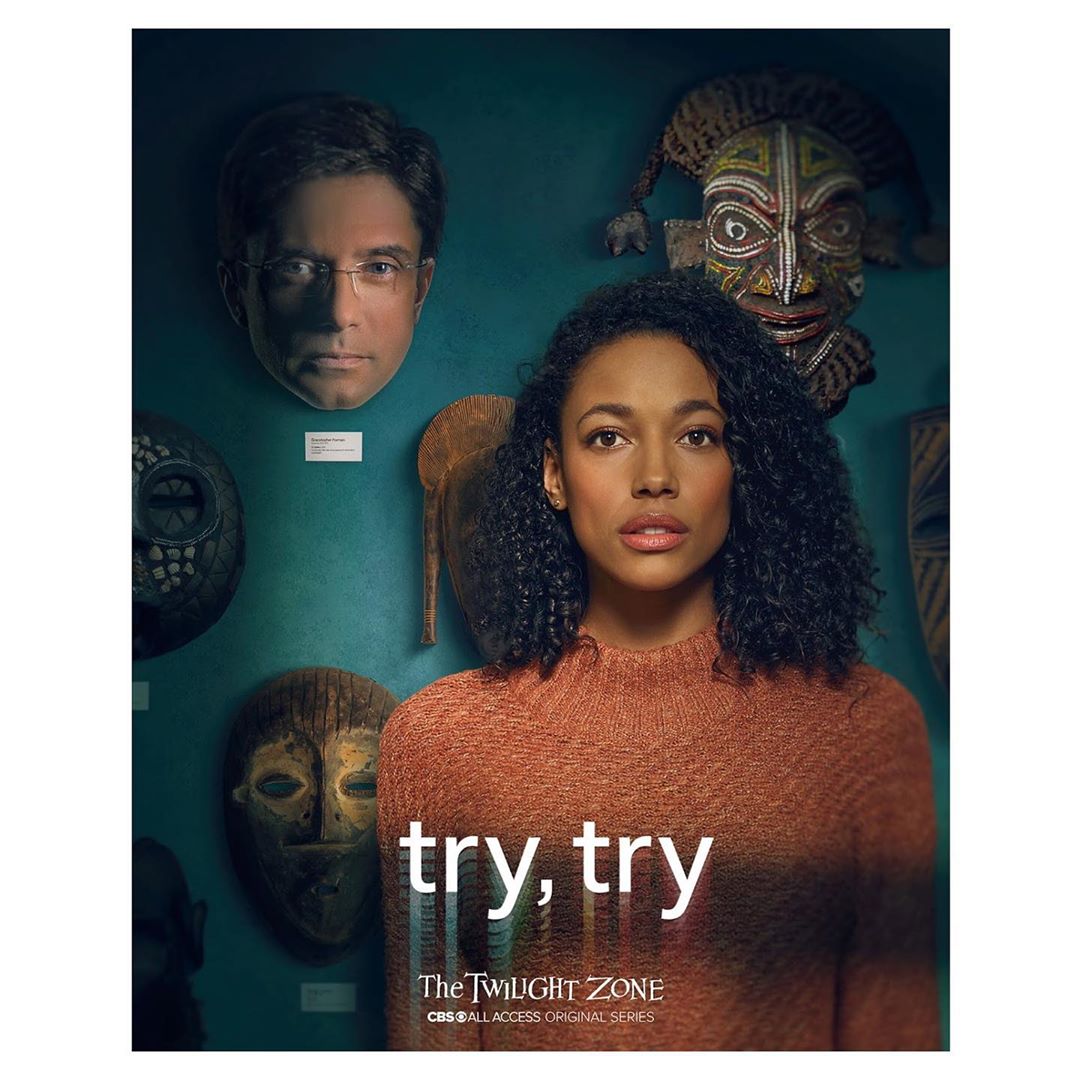 Portrait of a woman in a rust-colored sweater in front of masks and a man's head, promoting "The Twilight Zone" series.