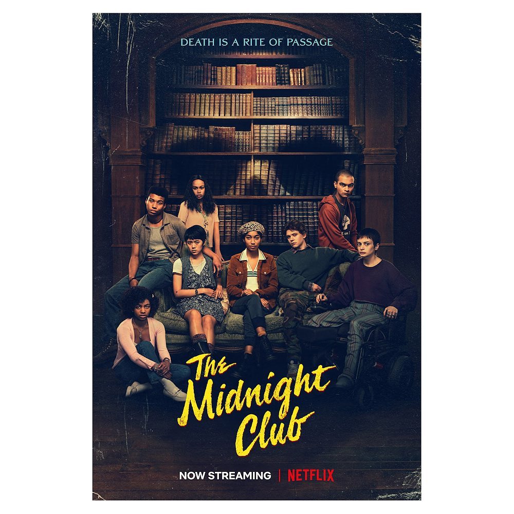 Promotional image for 'The Midnight Club' series on Netflix featuring a diverse group of young adult cast members in a library setting.