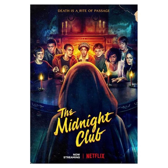 Movie poster for 'The Midnight Club' features a group of young adults seated around a table with a hooded figure. Netflix logo visible.