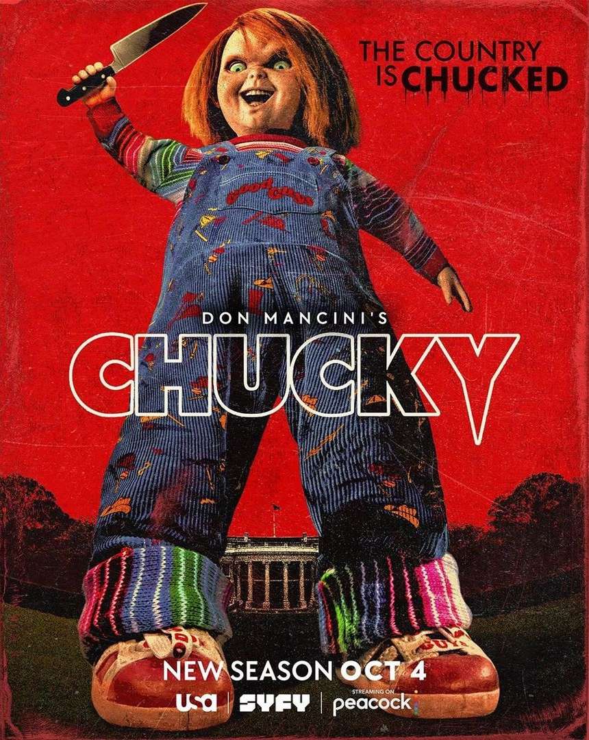 Chucky doll wielding knife against a red background, with the White House visible below and promotional text for the TV series 'Chucky'.