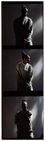 Woman in a light-green sweatshirt poses in a photo studio with dynamic lighting effects and film grain. Portrait in three frames.