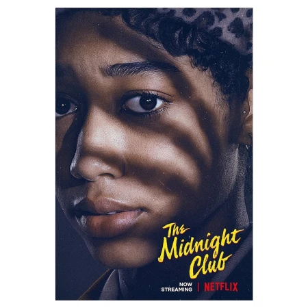 Portrait of actress Iman Benson in promotional poster for Netflix series The Midnight Club, set against a dark blue background.