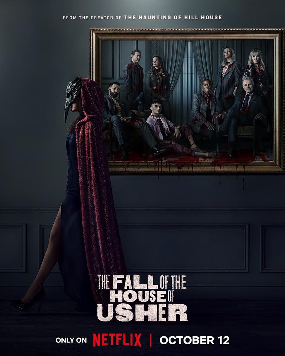 Movie poster for 'The Fall of the House of Usher' on Netflix with a masked woman and framed portrait of cast, October 12 release.