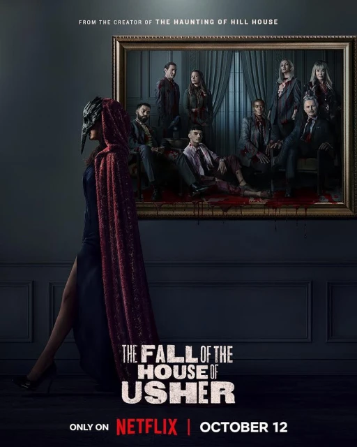 Movie poster for 'The Fall of the House of Usher' on Netflix with a masked woman and framed portrait of cast, October 12 release.