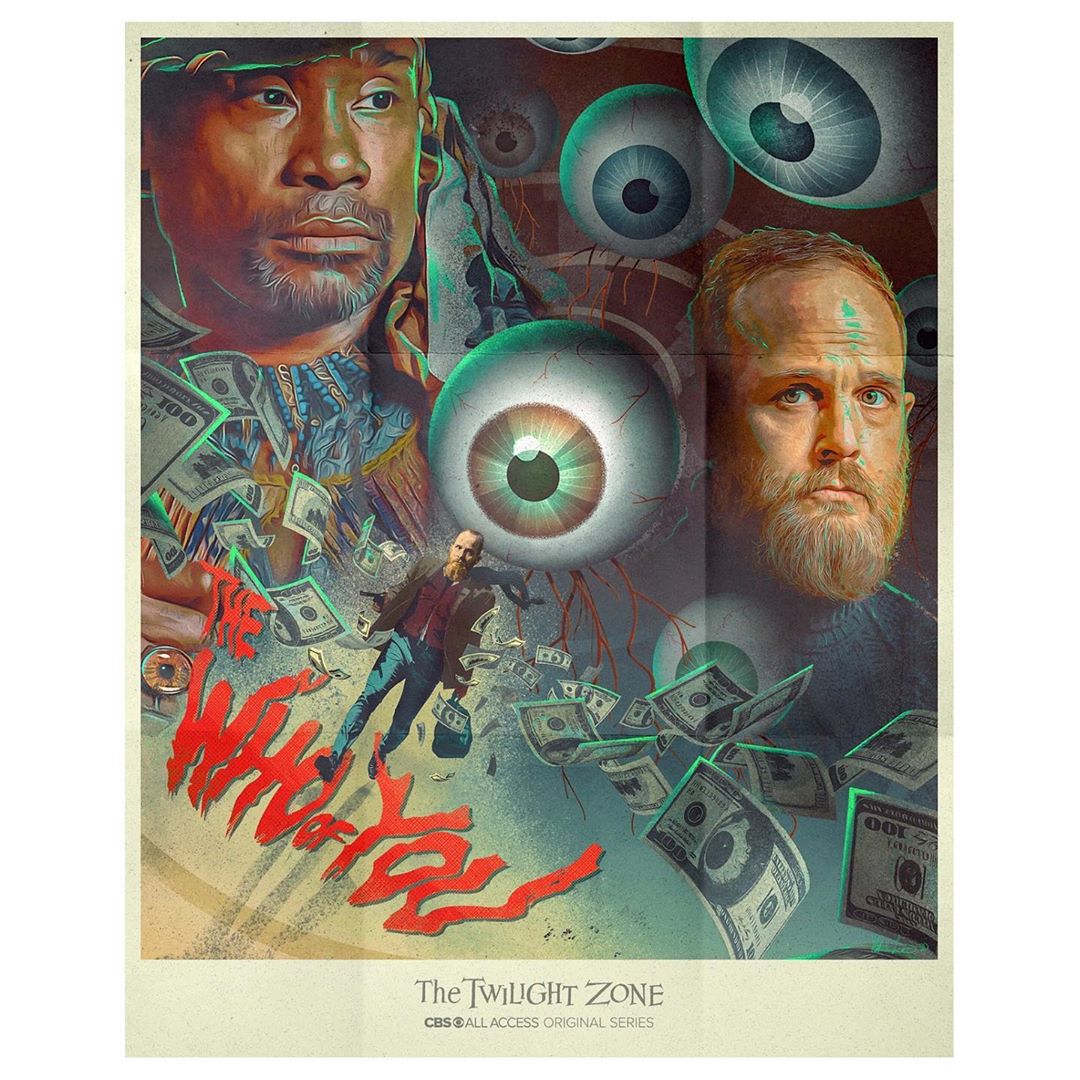 Twilight Zone poster featuring a collage of faces, money, and eyeballs in a surreal design for the CBS All Access original series.