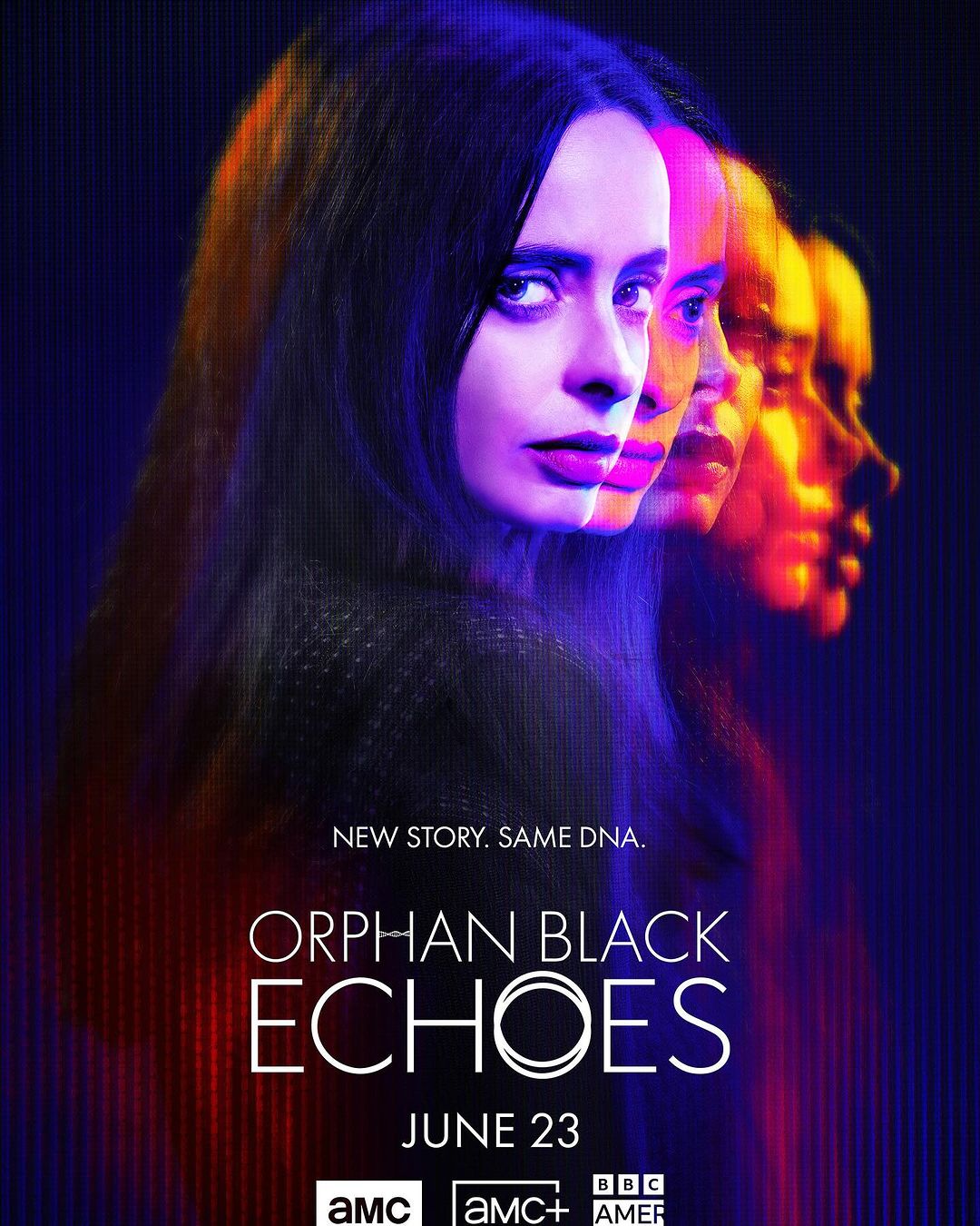 Movie poster for 'Orphan Black: Echoes' featuring a portrait of a woman with a blurred, layered effect. Blue, orange, and black colors dominate.