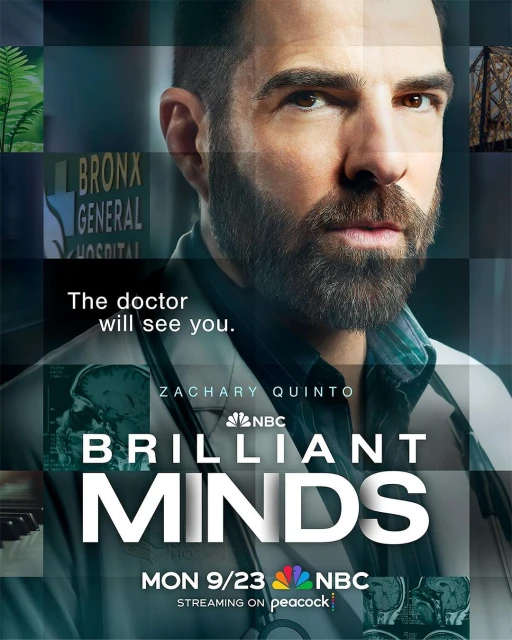 Poster for television show Brilliant Minds. Man in lab coat. Text: Zachary Quinto. Logos for NBC and Peacock. Show airs September 23.
