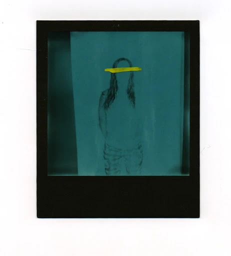 Silhouette of a person in black and white sketch against a teal backdrop, framed in black, with a yellow stripe across the eyes.