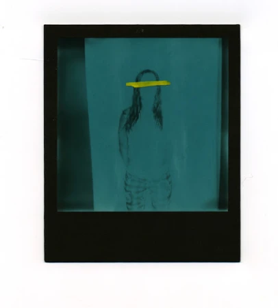 Silhouette of a person in black and white sketch against a teal backdrop, framed in black, with a yellow stripe across the eyes.
