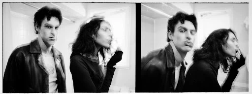 Black and white diptych of a man and woman posing with puckered lips in an indoor setting with a window and white walls.