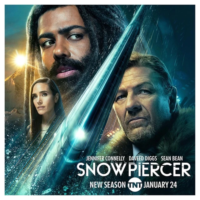 Movie poster for Snowpiercer featuring Jennifer Connelly, Daveed Diggs, and Sean Bean against a snowy, futuristic background.