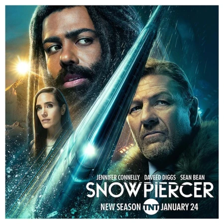 Movie poster for Snowpiercer featuring Jennifer Connelly, Daveed Diggs, and Sean Bean against a snowy, futuristic background.