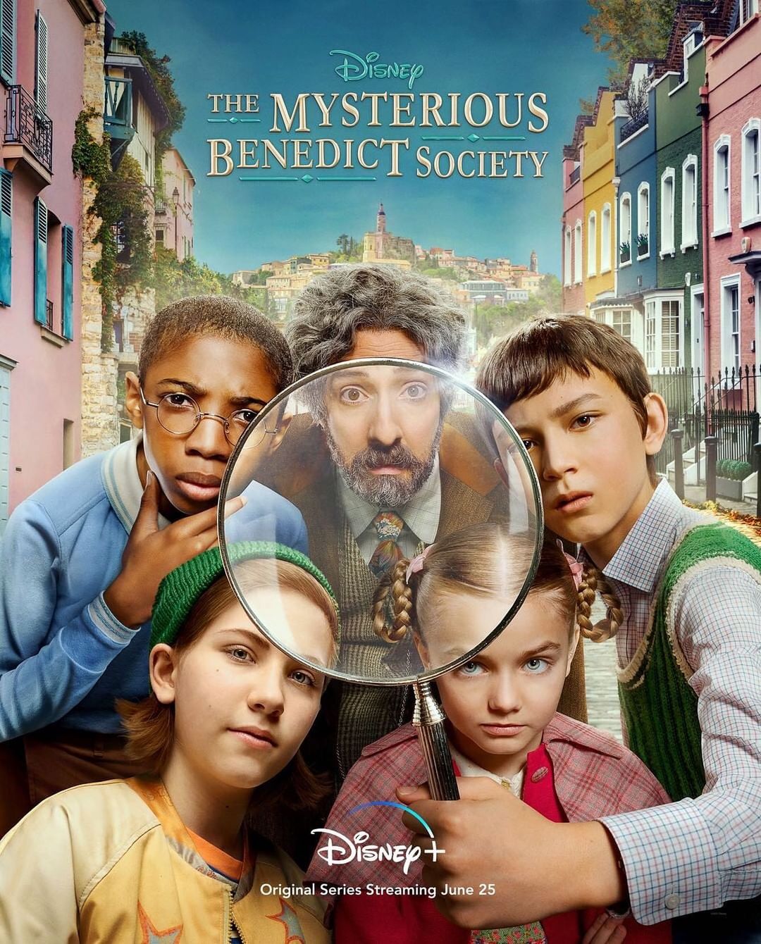 Promotional poster for Disney+'s "The Mysterious Benedict Society" featuring five young actors and Tony Hale against a vibrant cityscape.