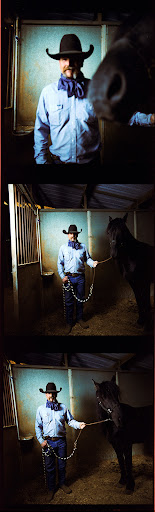 Three-panel photo of an adult male in a cowboy hat and scarf next to a black horse inside a wooden horse stall. Interior setting.