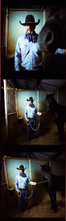 Three-panel photo of an adult male in a cowboy hat and scarf next to a black horse inside a wooden horse stall. Interior setting.