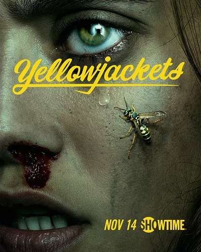 Movie poster featuring a close-up of a woman's face with an insect, blood, and tears, for the show Yellowjackets on Showtime.