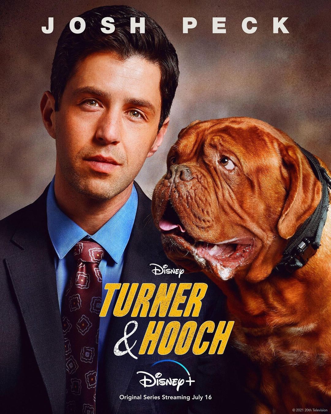Promotional poster for 'Turner & Hooch' on Disney+ featuring actor Josh Peck and a dogue de bordeaux breed dog.