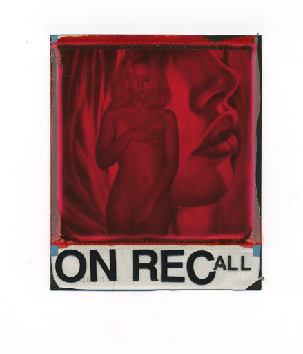 Painting of a nude woman in a red monochrome color scheme, alongside a close-up of a face, with the words 'ON RECALL' visible.
