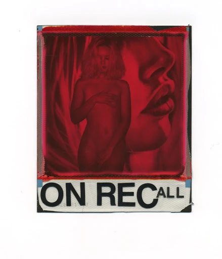 Painting of a nude woman in a red monochrome color scheme, alongside a close-up of a face, with the words 'ON RECALL' visible.
