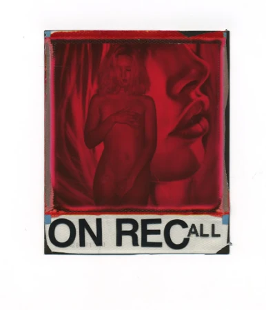 Painting of a nude woman in a red monochrome color scheme, alongside a close-up of a face, with the words 'ON RECALL' visible.