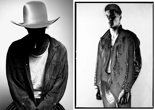 Diptych portrait by Brendan Meadows showing a man in a wide-brimmed cowboy hat and a portrait of a man in a leather jacket.