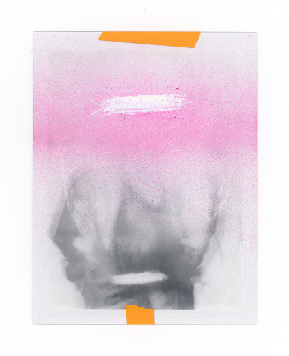 Abstract painting with shades of gray, pink, and white. The artwork is taped at the top and bottom with orange tape.