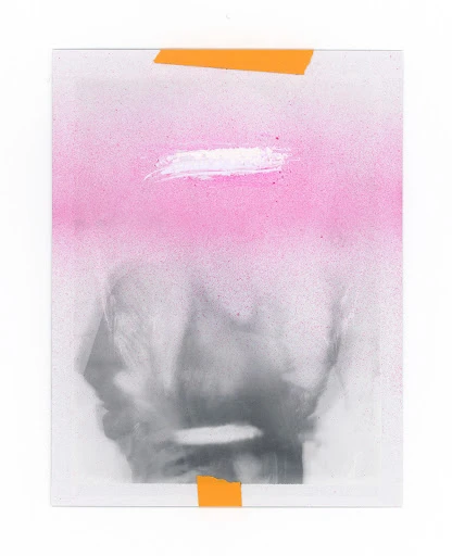 Abstract painting with shades of gray, pink, and white. The artwork is taped at the top and bottom with orange tape.