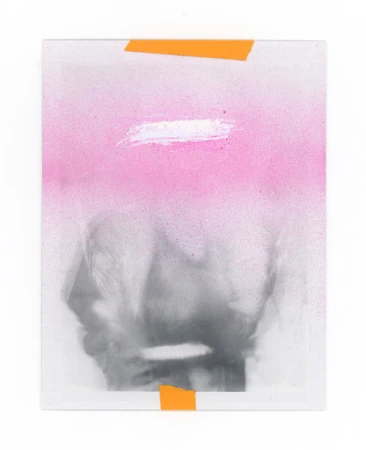 Abstract painting with shades of gray, pink, and white. The artwork is taped at the top and bottom with orange tape.