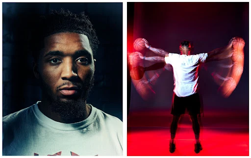 Split-screen portrait of athletic, dark-skinned adult male. One side is a close-up of a bearded man; the other is an action shot.