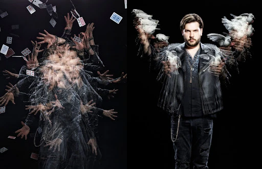 Two portraits of a dark-haired man against a black background, one manipulating cards and the other with doves, both with motion blur.
