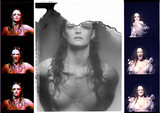 Film strip features a pale woman with wet dark hair in various emotional states, including anger and sadness, set against a dark backdrop.
