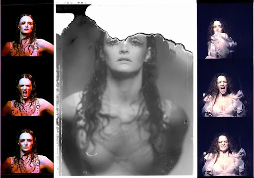 Film strip features a pale woman with wet dark hair in various emotional states, including anger and sadness, set against a dark backdrop.