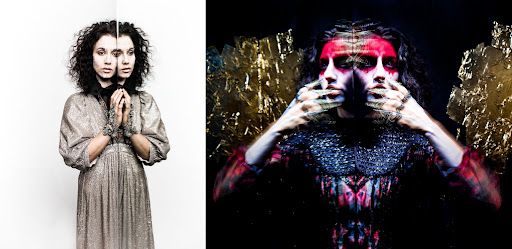 Creative diptych portrait in the studio features a woman with curly hair wearing a dress against white and gold abstract backgrounds.