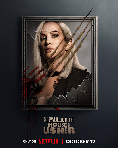 Movie poster for The Fall of the House of Usher with a portrait of a platinum blonde woman with scratches and shattered glass.