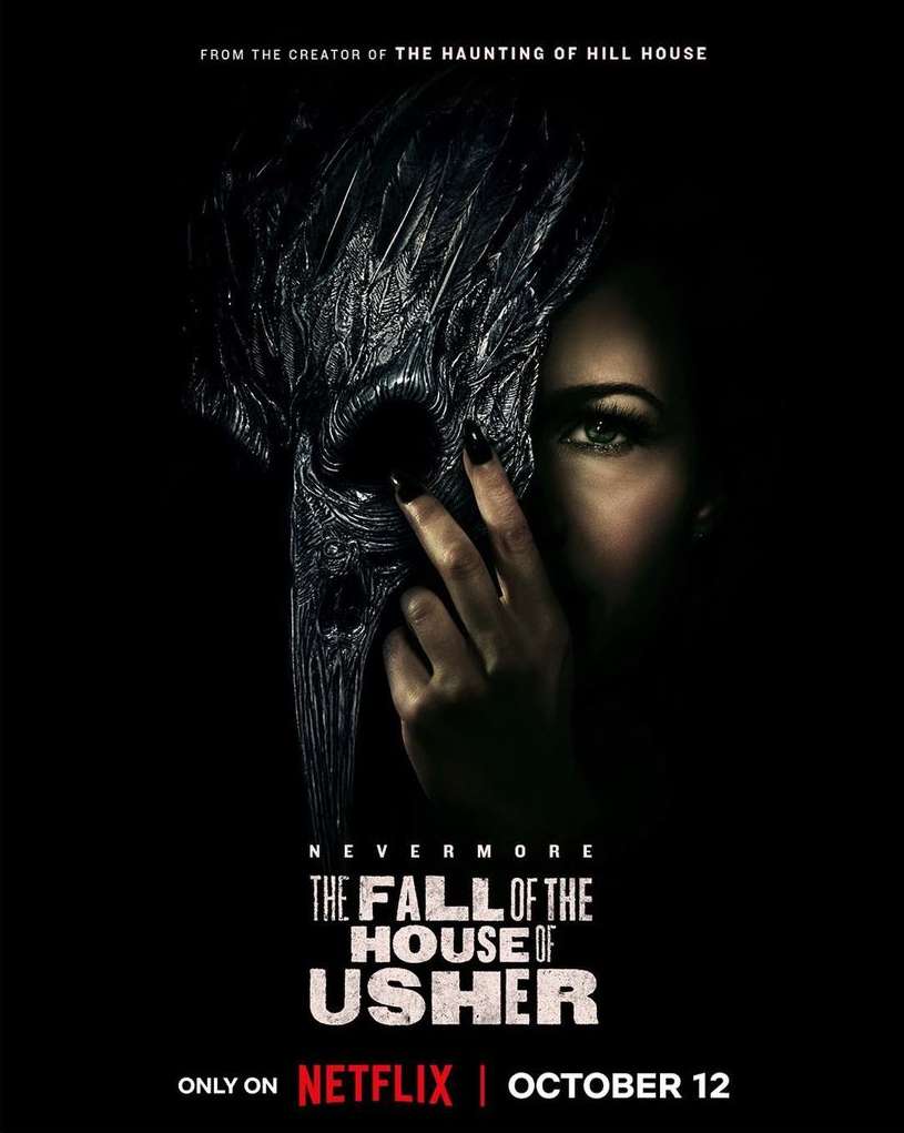 Movie poster for 'The Fall of the House of Usher' featuring a woman's face partially obscured by a dark, intricate mask on a black background.
