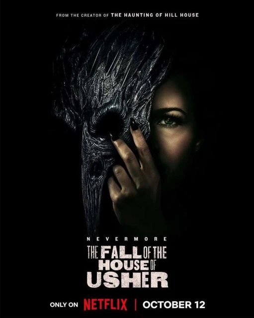 Movie poster for 'The Fall of the House of Usher' featuring a woman's face partially obscured by a dark, intricate mask on a black background.