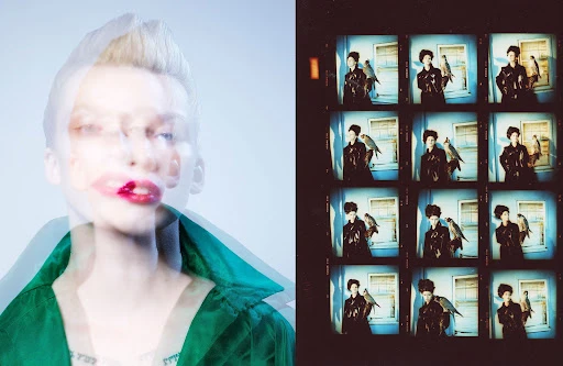 Artistic studio portrait of a blonde person with blurred effect and contact sheet with woman and falcon on blue background.