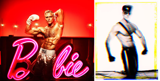 Two images side-by-side: one of a muscular man with boxing gloves standing by a neon sign, the other is a filtered image.