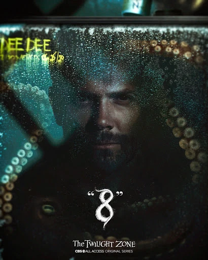 Promotional image for The Twilight Zone series featuring a man's face partially obscured by raindrops and an octopus tentacle.