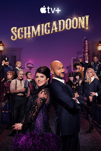 Cast members from the Schmigadoon! TV series, with two in the foreground, stand in a musical-inspired outdoor set at night.