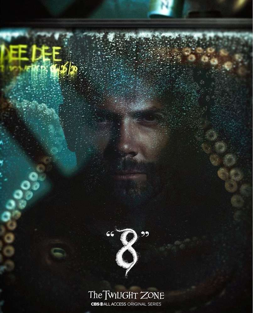 Promotional poster for The Twilight Zone episode "8" featuring a man's face obscured by rain droplets on a window and an octopus tentacle.