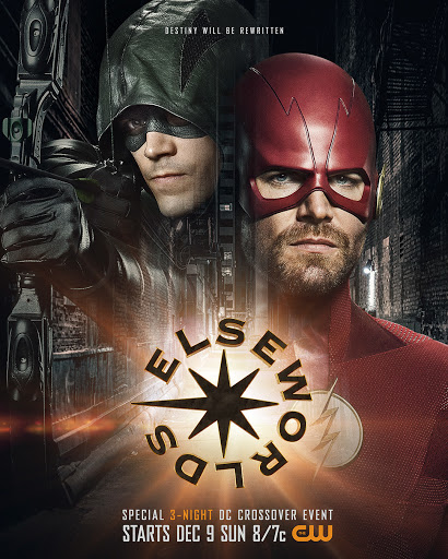 Poster of two men in superhero costumes, one in green with a bow and arrow, the other in red, set against a cityscape backdrop.
